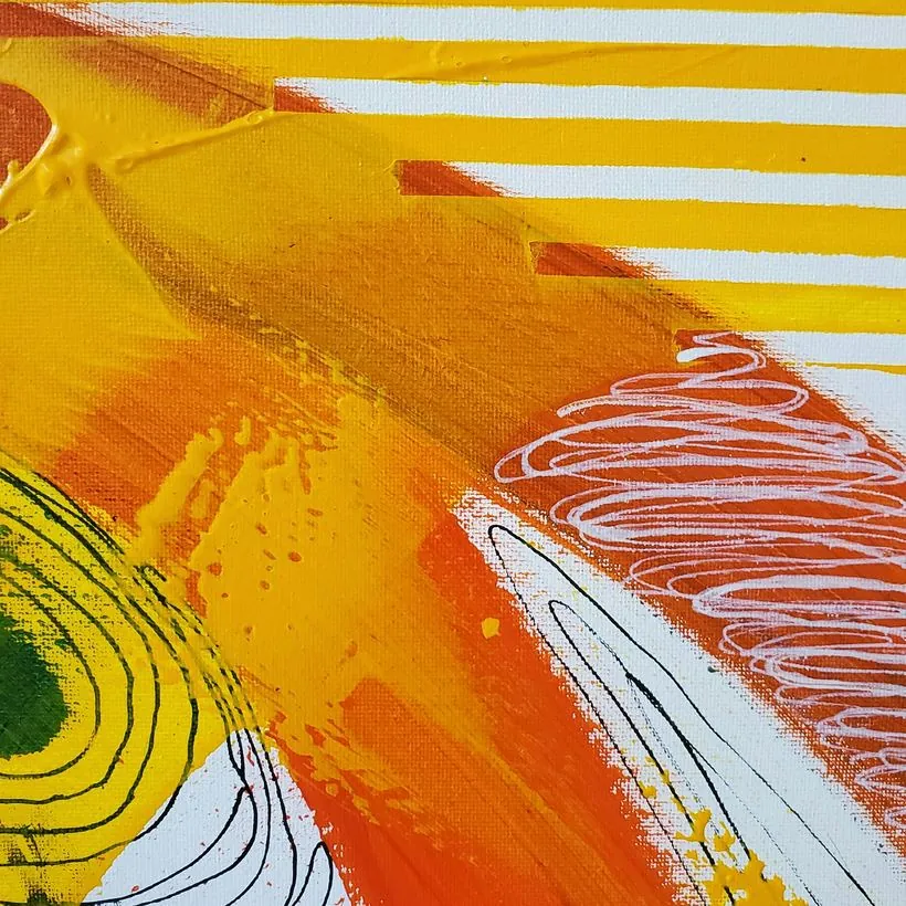 Bold yellow and orange acrylic stripes and brushmarks across raw canvas
