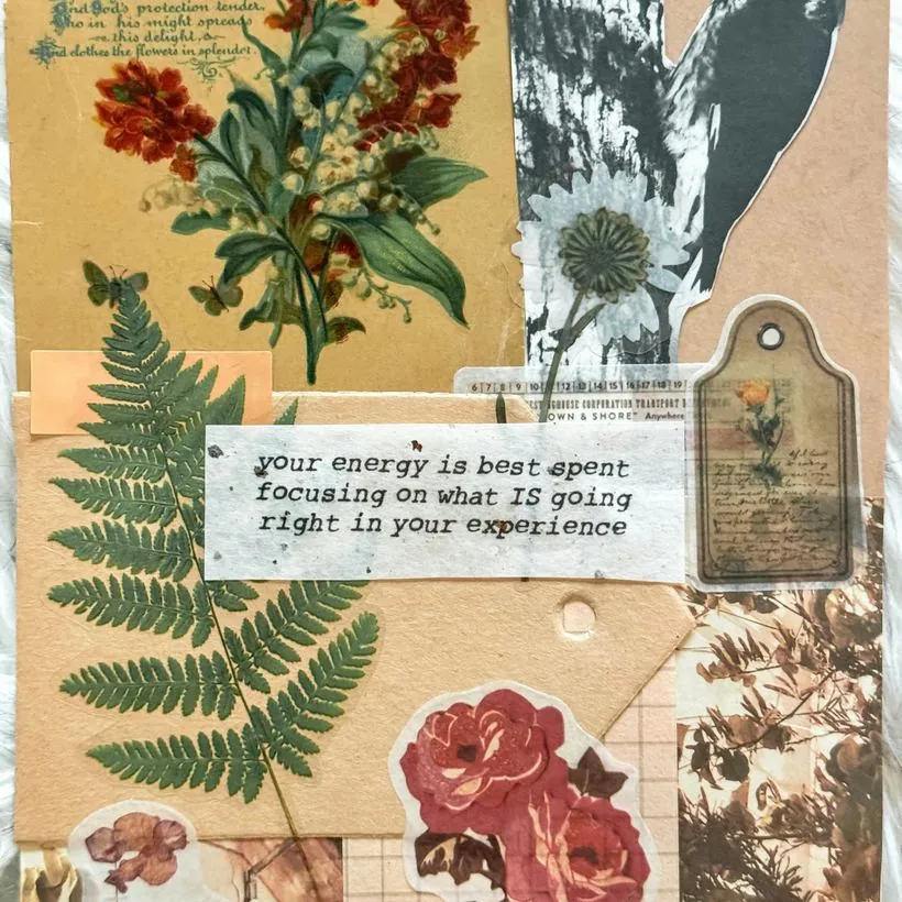 A collage of vintage botanical prints, pressed ferns and torn paper